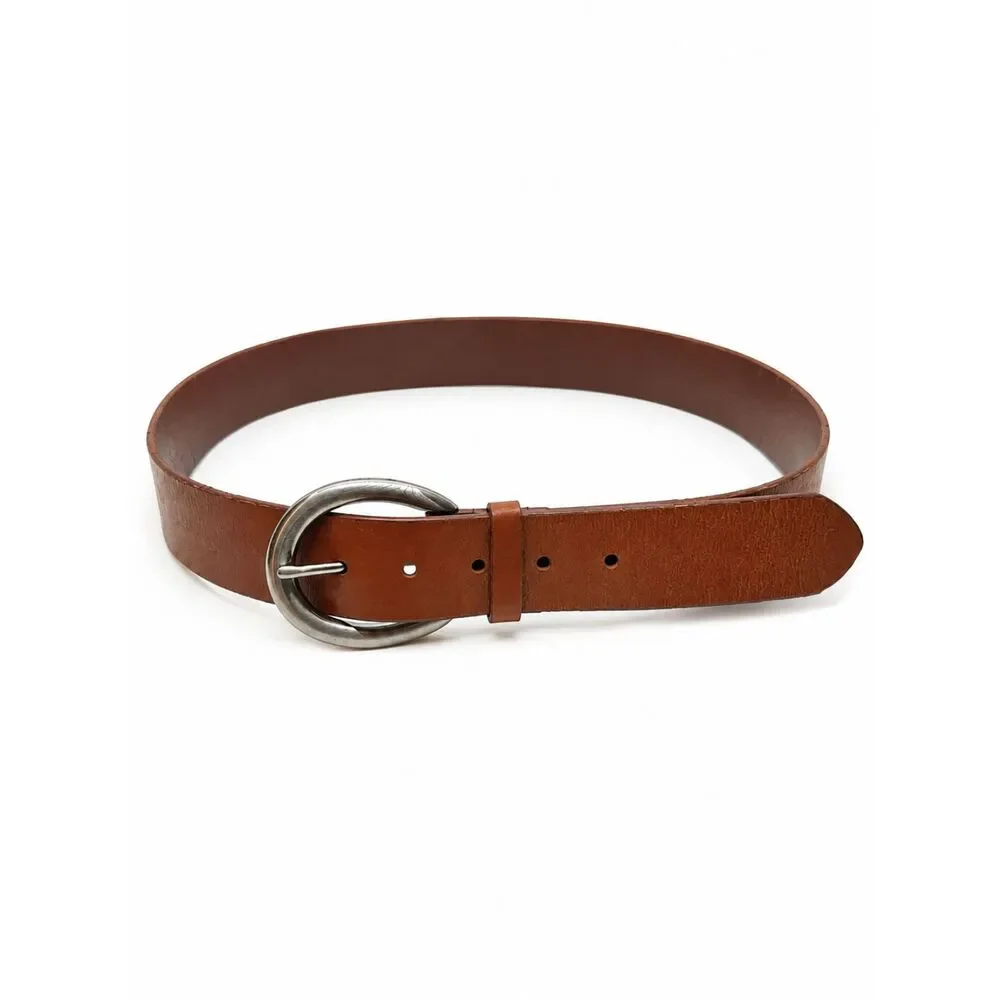 TALBOTS LEATHER BELT Brown Genuine Leather Silver Oval Buckle Large USA